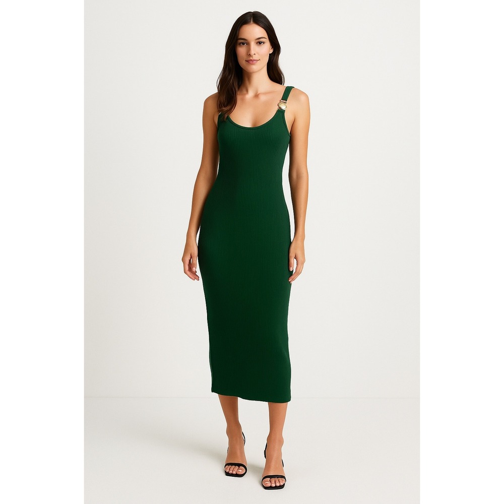Women’s Green Ribbed Midi Dress with Buckle Strap